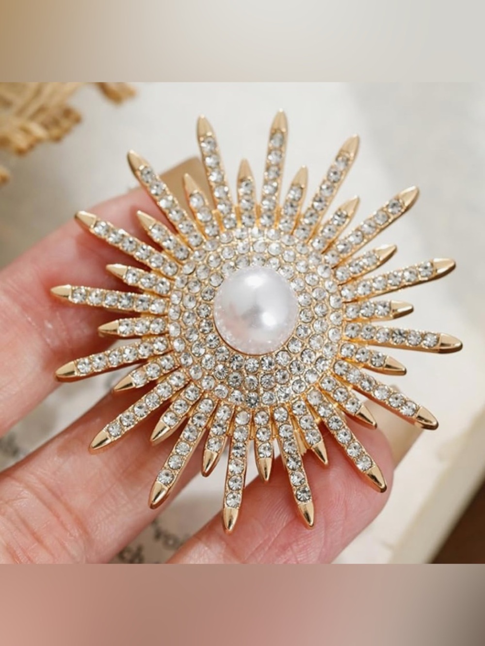 Stunning Nordstrom Sparkling Crystal Pearl Sunburst Brooch